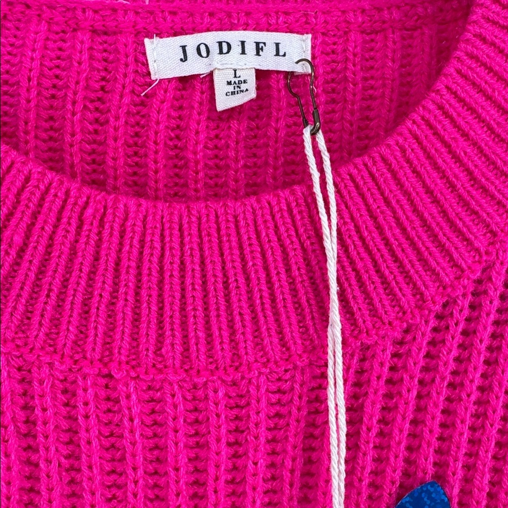 JODIFL Waffle Knit Vibrant Pink Sweater with Sequins Hearts Women's Size L NWT - Picture 2 of 9